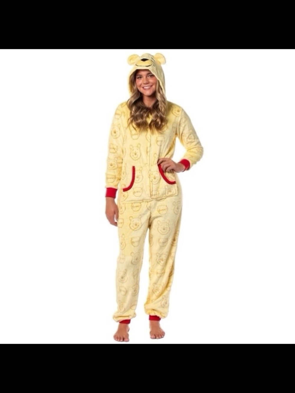 Disney Winnie The Pooh Onsie Yellow Bear Hooded Pajamas with Red Trim